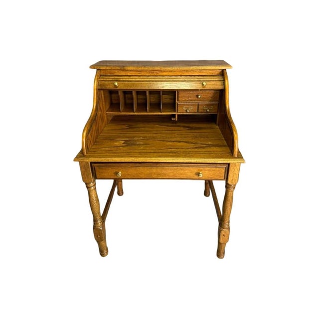 Vintage C .1970's Solid Oak Bradford Style Mini Roll-Top Desk For Sale - Image 9 of 11