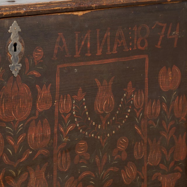 Original Painted Tall Pine Flat Top Trunk Dated 1874 For Sale - Image 14 of 18
