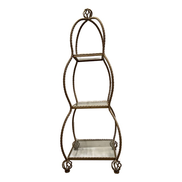Vintage Gold Rope Étagère With 3 Glass Shelves For Sale