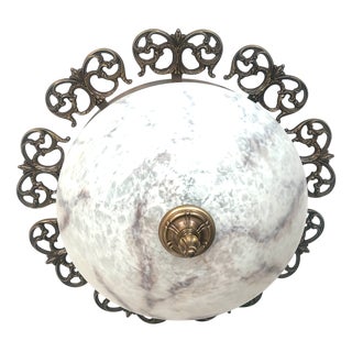 Vintage Ceiling Lamp in Brass and Marbled Glass, 1950s For Sale