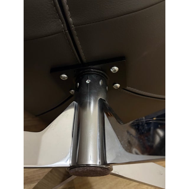 Chrome Fantastic Pair of Roche Bobois 2 Tone Leather Pivot/Swivel Arm Chairs With X Chrome Base Baseball Stitching Mink Grey Brown For Sale - Image 8 of 12