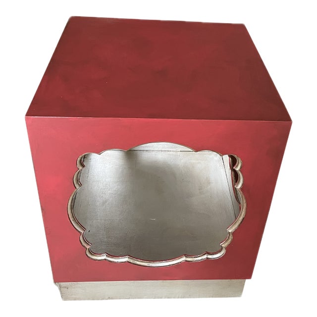 Cube Side Table in Red With Silver Leaf For Sale