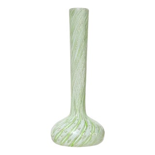 Vintage Murano Fratelli Toso Green White Swirl Ribbons Italian Art Glass Soliflore Long Neck Flower Vase For Sale