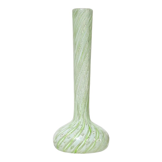 Vintage Murano Fratelli Toso Green White Swirl Ribbons Italian Art Glass Soliflore Long Neck Flower Vase For Sale