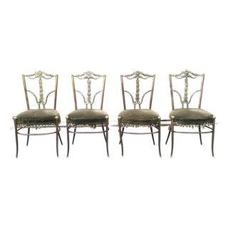 Set Four Italian Neoclassical Engraved Brass and Upholstered Side Chairs C.1950s For Sale
