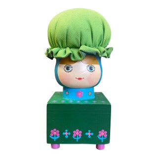 Vintage Hand-Painted Folk Art Doll Figurine on Wooden Block Base With Fabric Bonnet, Signed Mary Maki Rae For Sale