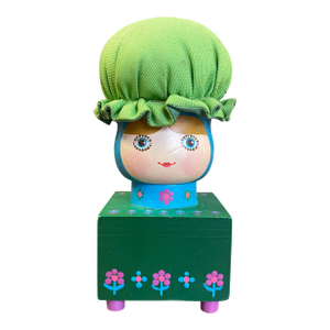 Vintage Hand-Painted Folk Art Doll Figurine on Wooden Block Base With Fabric Bonnet, Signed Mary Maki Rae