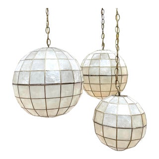 Vintage Mid 20th Century Capiz Shell Globe Hanging Lights - Set of 3 For Sale