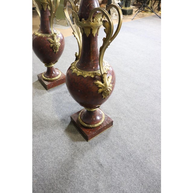19th C Pair Palace Sized Rouge Marble and Bronze Mounted Cassolettes Urns For Sale - Image 13 of 16