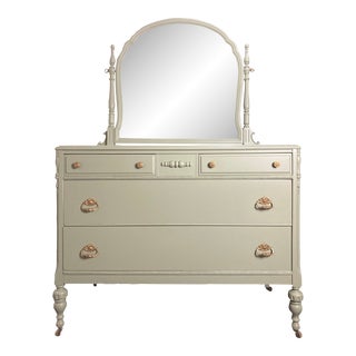 1930’s Vintage Dresser and Mirror in Sage For Sale