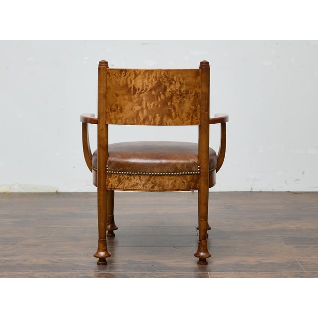 Early 20th Century English Burl Wood Armchair with Leather Upholstery and Turned Disc Feet For Sale - Image 11 of 12
