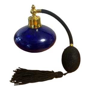 Vintage Cobalt Blue Art Glass Perfume Bottle With Gold Accents & Black Atomizer