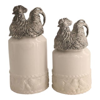 Pair of Arthur Court White Ceramic Canisters With Rooster Lids, 12” & 10.5” For Sale