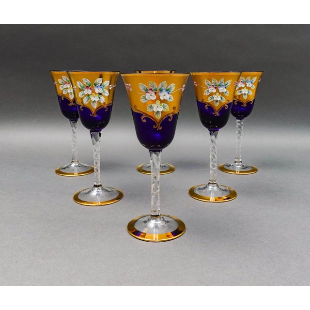 Tre Fuochi Venetian Glass Cobalt Blue 24K Gold Floral Wine Glasses Set Of 6 Measures approximately 3" diameter, 7 3/8" high.
