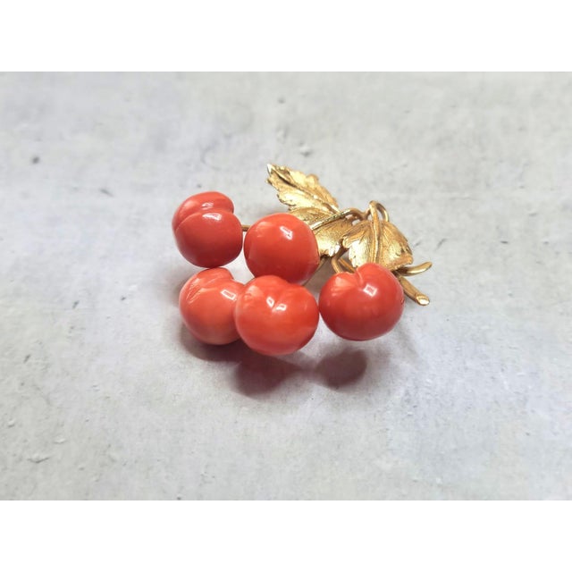 Metal Vintage 14k Gold Momo Coral Cherry Branch Brooch, Japan, 1980s For Sale - Image 7 of 8