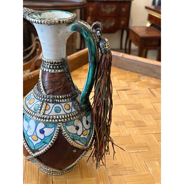 Vintage Moroccan Glazed Terra-Cotta and Metal Pitcher For Sale - Image 4 of 4