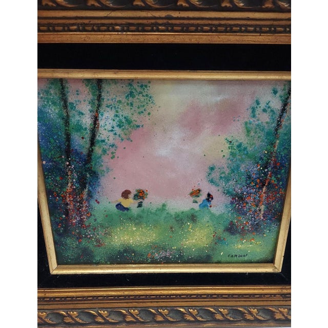Sweet enameled painting on copper. A precious scene of children picking flower bouquets with a pink golden hour sunset...