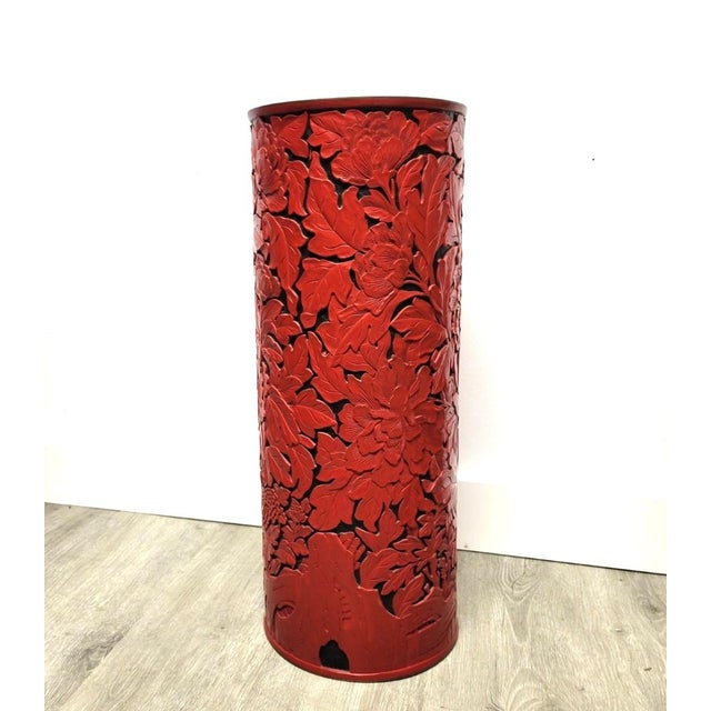 Large Carved Red Cinnabar-Style Lacquer Floor Vase or Umbrella Stand, Beijing Factory For Sale - Image 11 of 17
