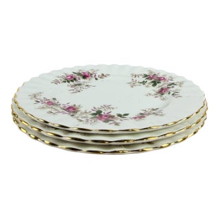 Vintage English Roslyn Fine Bone China Pink Rose Dessert Plates, Set of Three For Sale