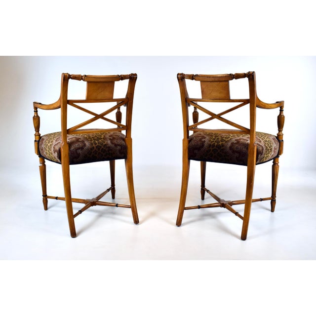 Wood Regency Armchairs in Velvet by Thomas Hope, Burl Wood, X-Back Design For Sale - Image 7 of 13