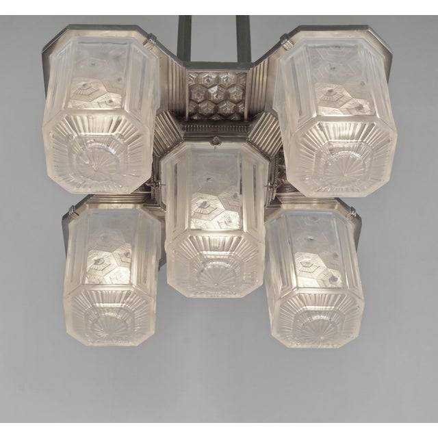1930s Hettier & Vincent French Art Deco Chandelier 1930s - Geometric Glass & Nickeled Bronze For Sale - Image 5 of 13