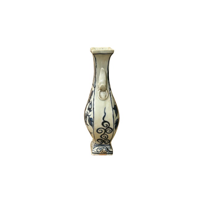 Asian Small Distressed Finish Pear Shape Blue White Graphic Porcelain Vase For Sale - Image 3 of 8