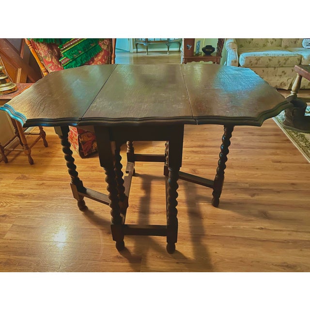 Coffee Antique English Oval Drop Leaf Table GateLeg With Scalloped Top Barley Twist Legs For Sale - Image 8 of 12