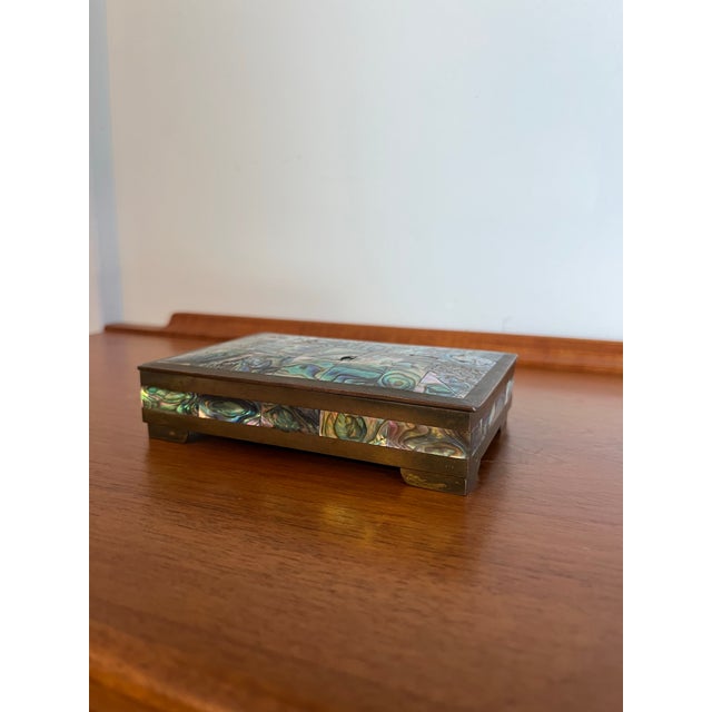Vintage Taxco Mexico Brass & Abalone Shell Mosaic Jewelry Box, Mid-Century For Sale - Image 11 of 12