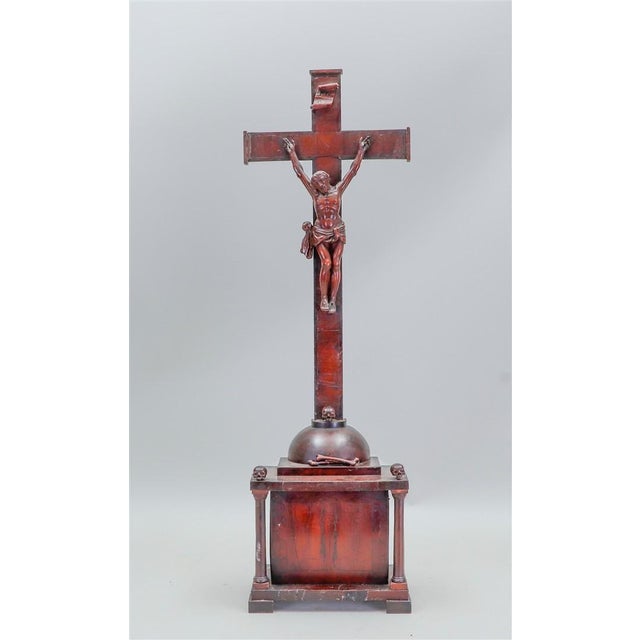 Baroque Late 18th Century German Memento Mori Mahogany Veneered Handcarved Crucifix With Skulls For Sale - Image 3 of 5