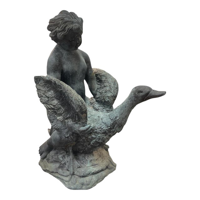 Vintage Neoclassical Spelter "Boy With Goose" Garden Fountain For Sale