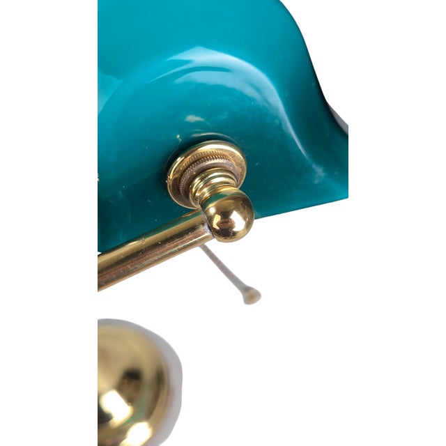 1970s Mid-Century Modern Art Deco Brass and Teal Glass Banker's Desk Lamp For Sale - Image 10 of 18