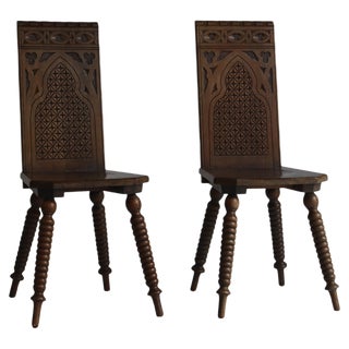 Set of Scandinavian Sculptural Side Chairs in Carved Dark Stained Oak For Sale