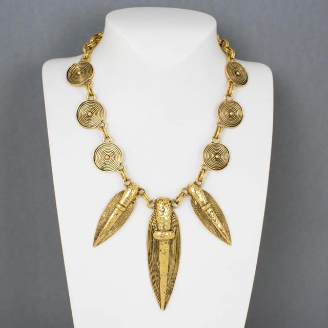 Contemporary Guy Laroche Gilt Metal Tribal Necklace For Sale - Image 3 of 9