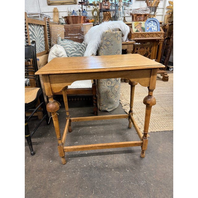English Antique English Oak Side Table With Turned Legs & Stretcher Base For Sale - Image 3 of 4