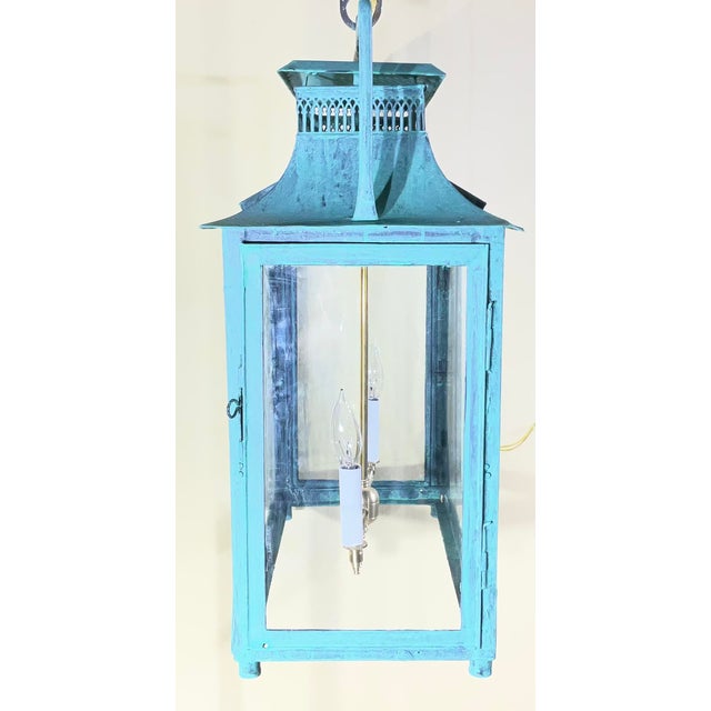 One of a Kind Hand-Painted Turquoise Hanging Lantern Steel & Solid Brass For Sale - Image 12 of 18