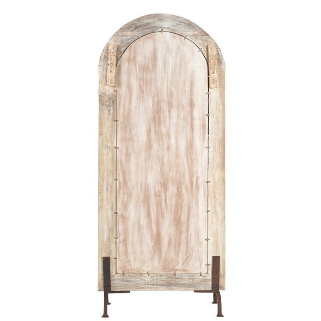 Vintage Indian Carved and Bleached Teakwood Arched Top Mirror on Iron Legs For Sale - Image 4 of 4