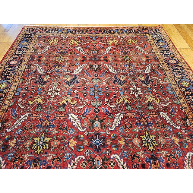 Vintage Persian Heriz Rug, Hand-Knotted Wool, Allover Geometric Pattern, Red & Blue, 8x11 For Sale - Image 10 of 15