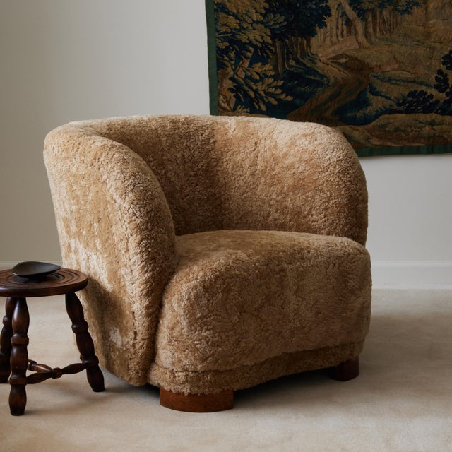 Beige Danish Sheepskin Club Chair, Beechwood Frame, 1940's. For Sale - Image 8 of 8