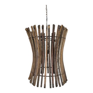 Rustic Barrel-Style Wooden Slat Pendant Light Fixture For Sale