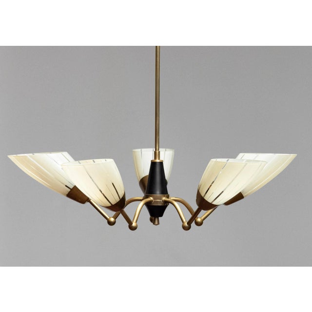 Black German Brass and Black Five-Arm Sputnik Chandelier with Art Glass Shades, 1950s For Sale - Image 8 of 9
