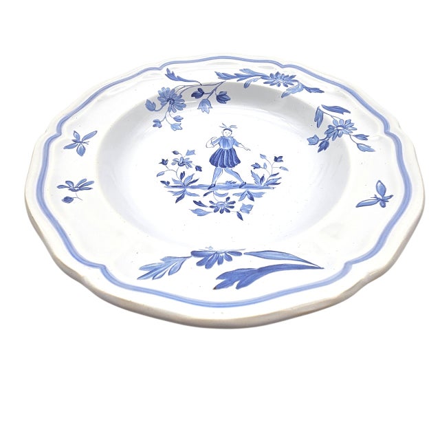 French Provincial Longchamp France Moustiers Blue Rim Soup Bowl, 9-Inch Porcelain For Sale - Image 3 of 10