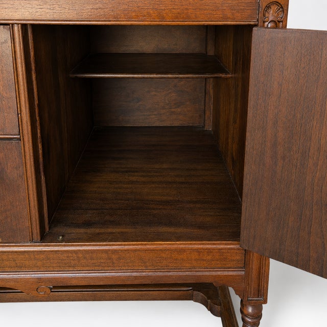 Antique Jacobean Revival Figured Wood Sideboard With Carved Medallions For Sale In Los Angeles - Image 6 of 18