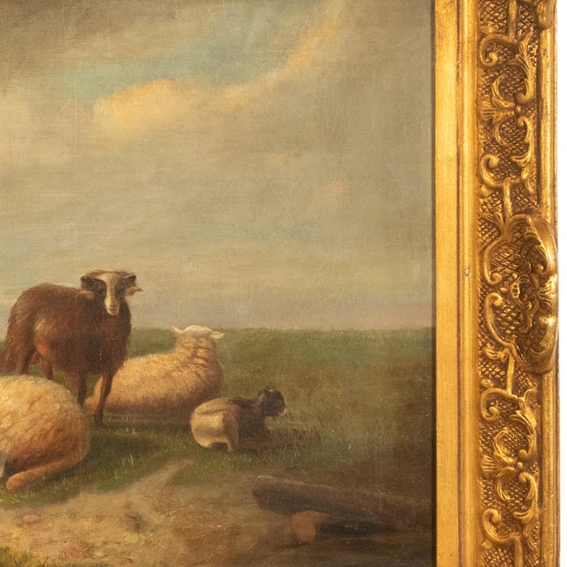 Blue 19thC Belgian Realist Pastoral Oil Canvas Landscape Painting Ram Sheep & Goat Laurent De Beul 1870 For Sale - Image 8 of 14