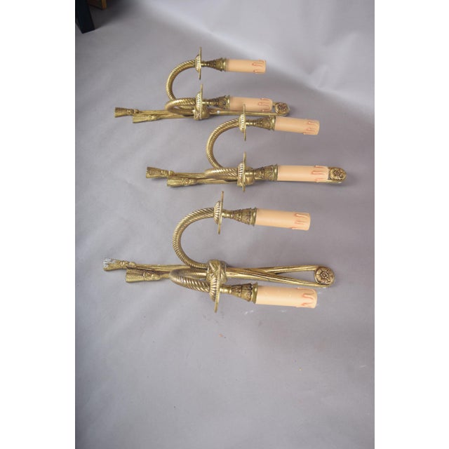 1950s Brass Double-Arm Wall Sconces with Rope and Tassel Motif, 1950s, Set of 3 For Sale - Image 5 of 10