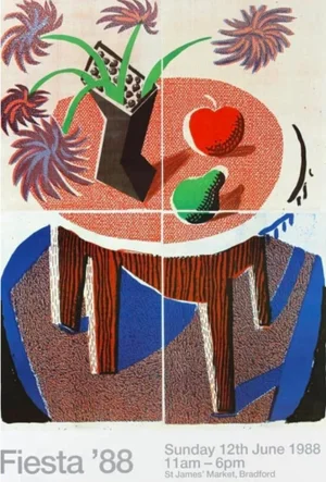 Original 1980s David Hockney Museum Exhibition Lithograph Poster Fiesta '88 at the Bradford Festival Flowers, Apple & Pear on a Table, 1986