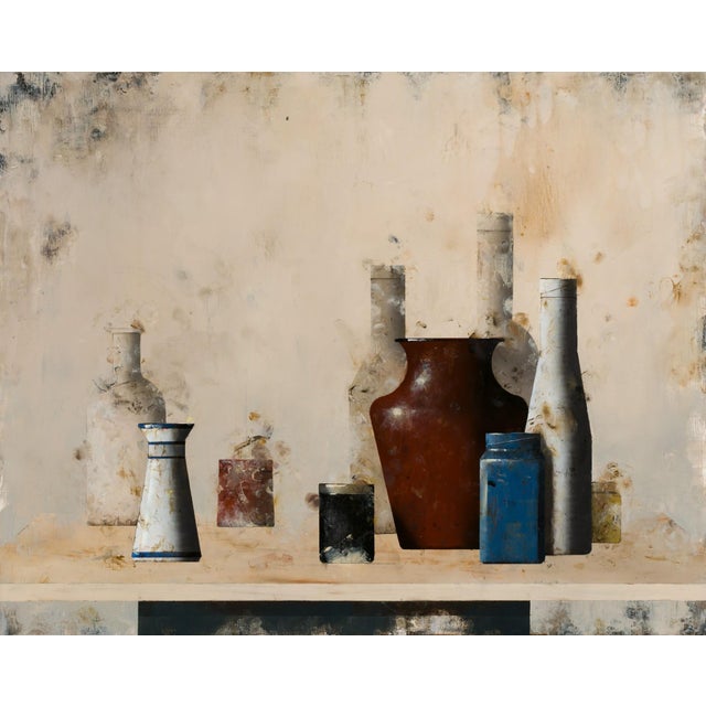 Structure 7 by Matthew Saba | Oil on panel Still life of various vases and bottles on a shelf For Sale