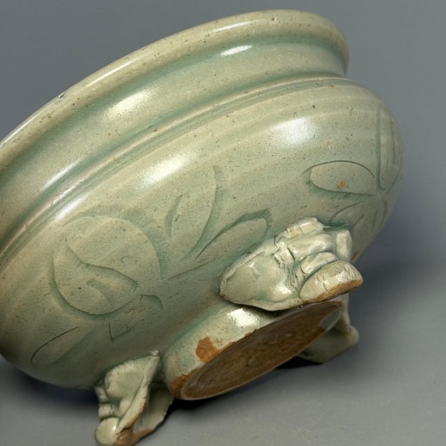 Chinese Chinese Longquan Celadon Tripod Censer, Carved Floral Pattern, Collectible For Sale - Image 3 of 7