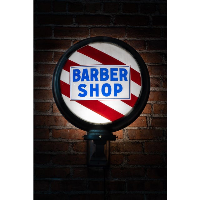 Vintage Illuminated Barber Shop Bubble Sign With Red Stripe Glass Face For Sale - Image 4 of 7