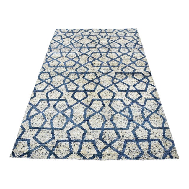 Moroccan Rug 5'8'' X 8' Ivory Blue Viscose Contemporary Hand-Knotted Carpet For Sale