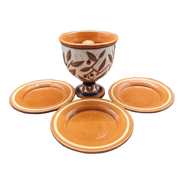 Vintage Italian Pythagoras Cup or "Greedy Cup," and Three Saucers For Sale